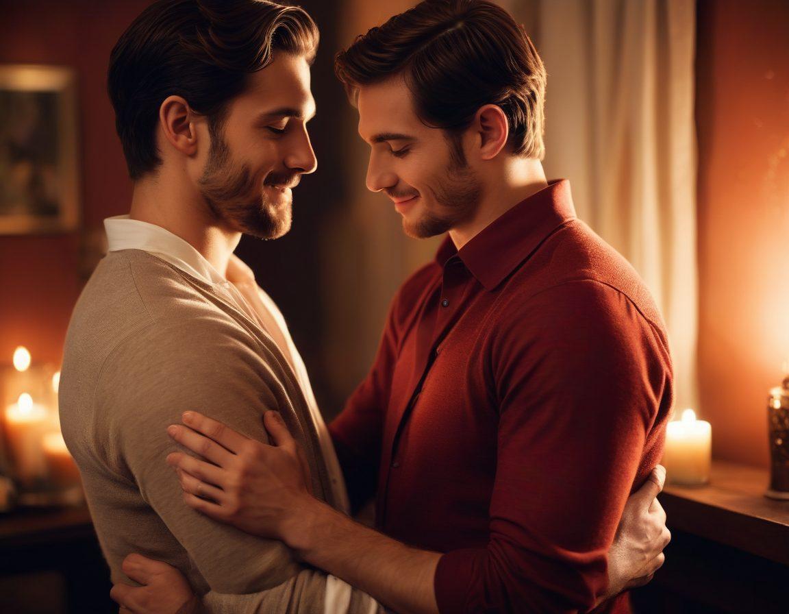 A warm, intimate setting featuring two men embracing in a softly lit room, capturing a moment of tenderness and connection. The background should have a cozy ambiance with candles and gentle fabric textures, creating a sense of closeness. Showcase subtle details like intertwined hands and soft smiles to accentuate the bond between them. The color palette should be rich with deep reds and earthy tones, evoking passion and warmth. super-realistic. soft lighting. warm colors.